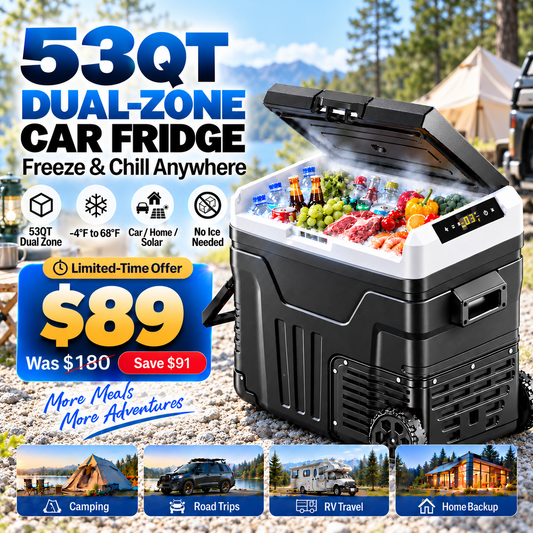 53QT 12V Portable Car Refrigerator – Dual Zone Fridge & Freezer